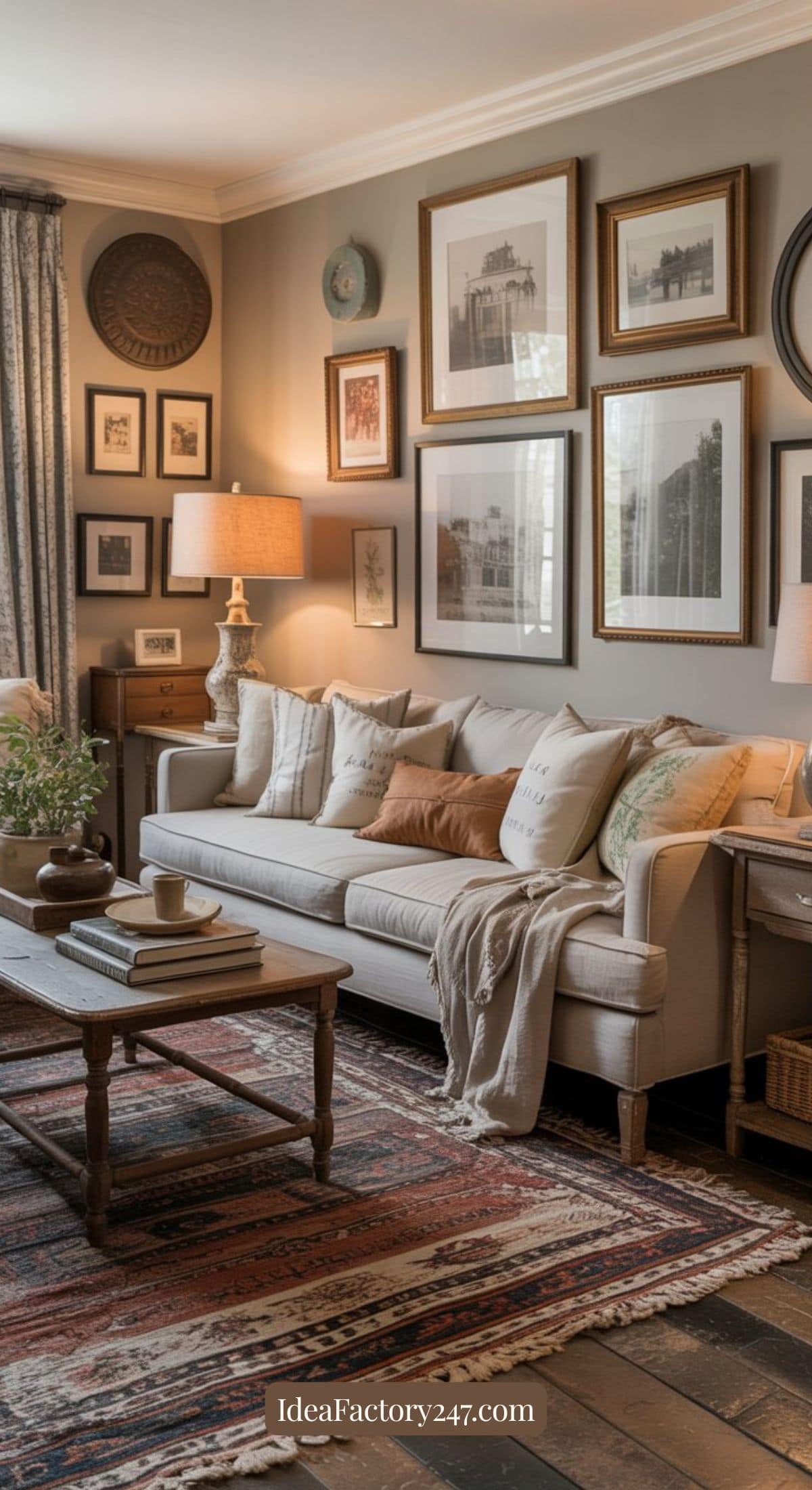 A cozy living room with a light-colored sofa, patterned rug, wooden coffee table, and side tables with lamps. The wall is decorated with a gallery of framed art and photos, creating a warm, inviting atmosphere.