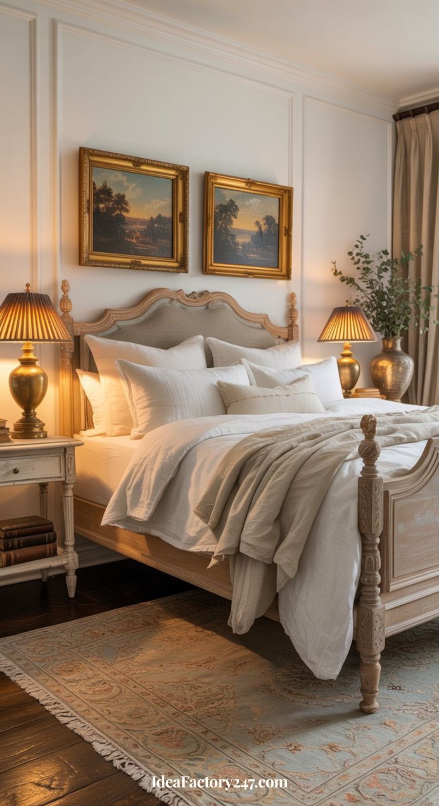 Elegant bedroom with a carved wooden bed, white bedding, two bedside tables with matching lamps, framed art above the headboard, patterned rug, and a vase of greenery in the corner. Warm, cozy lighting fills the room.