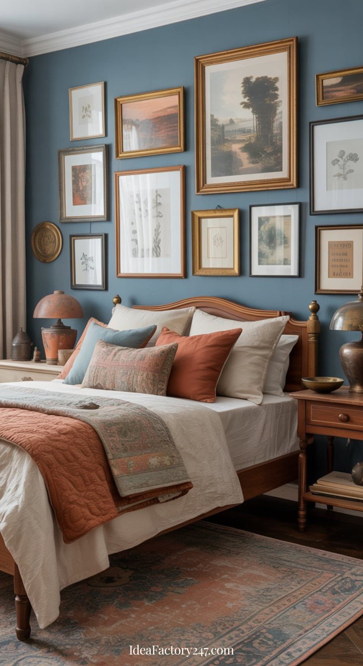 A cozy blue and terracotta bedroom with a wooden bed, white and rust-colored bedding, vintage rugs, and nightstands. The blue wall behind the bed features a gallery of framed art and botanical prints in various sizes.