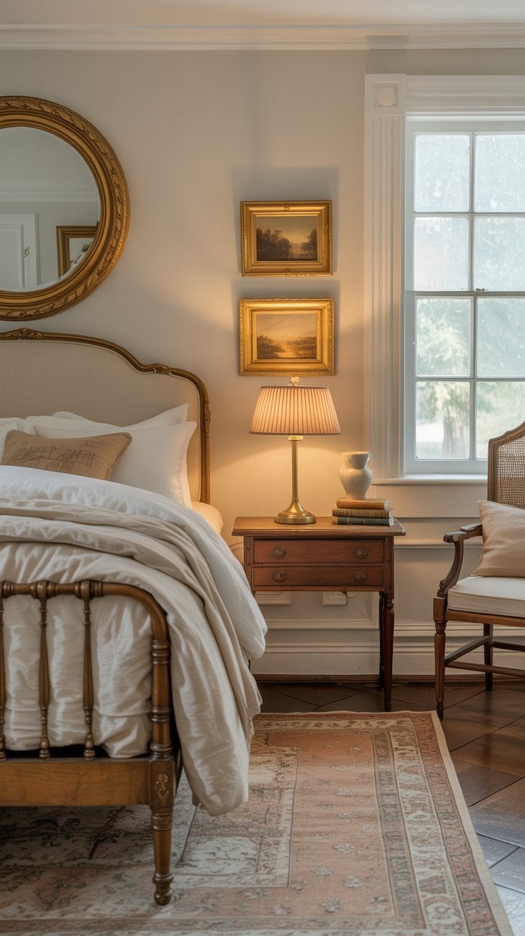 A cozy bedroom with a vintage wooden bed, white bedding, a patterned rug, a bedside table with a lamp and vase, and framed art on the wall near a large window letting in natural light.
