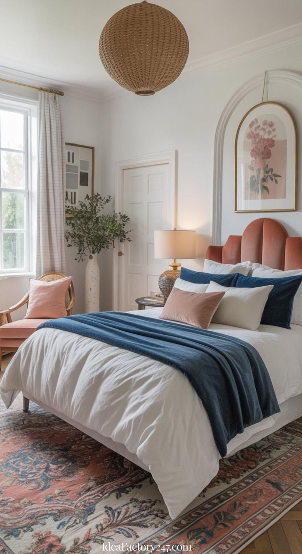 A cozy blue and terracotta bedroom features a bed with white linens, a blue blanket, and accent pillows. There’s a wicker pendant light, artwork on the walls, a large window with curtains, a wooden chair, and an ornate rug on the floor.