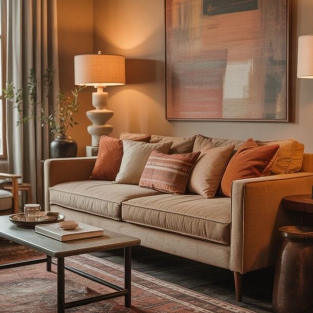 A cozy living room with a beige sofa, rust-colored cushions, a modern coffee table, warm lighting, a large abstract painting, and a patterned rug in earthy tones. IdeaFactory247.com appears at the bottom of the image.