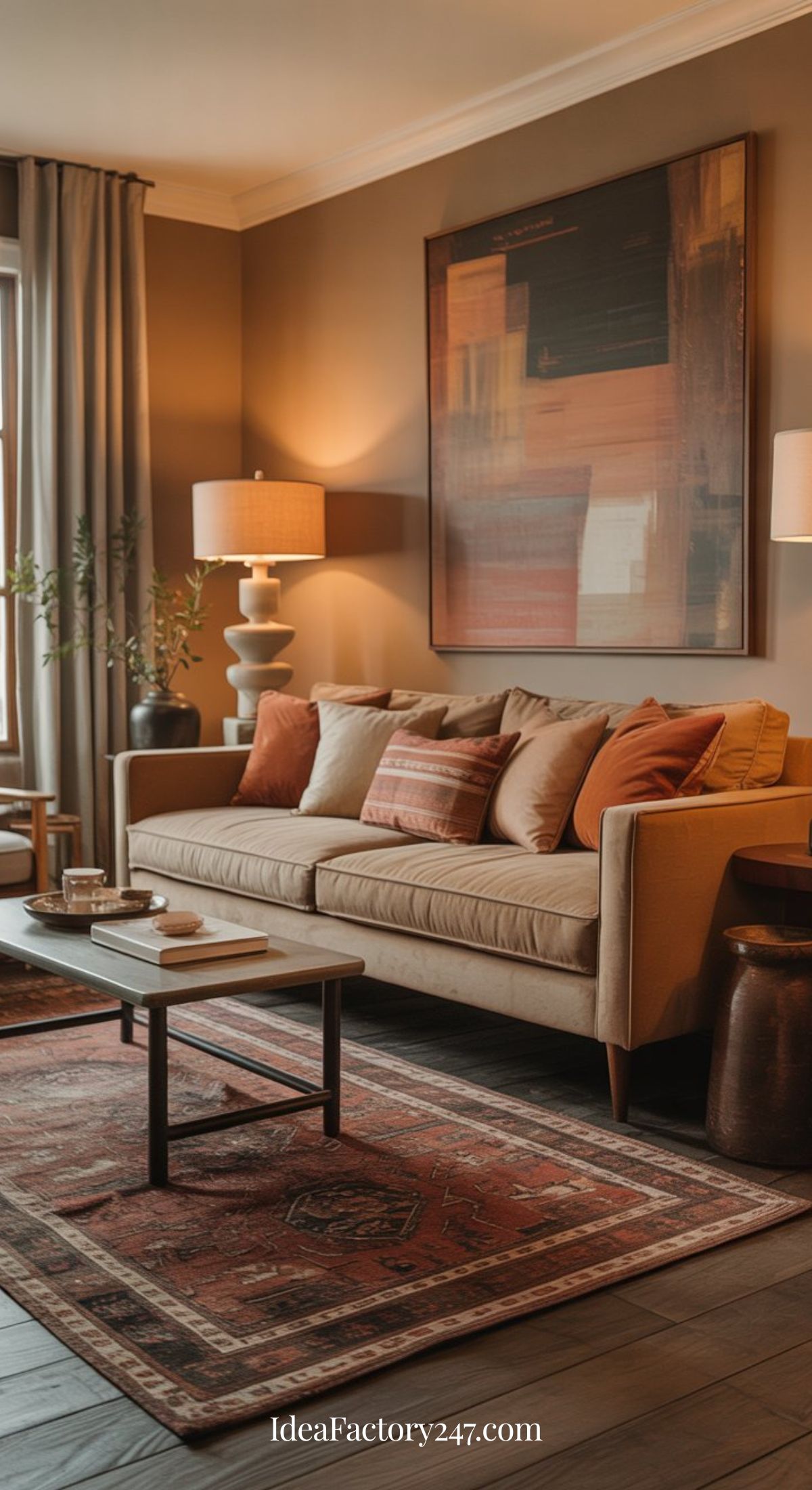 A cozy living room with a beige sofa, rust-colored cushions, a modern coffee table, warm lighting, a large abstract painting, and a patterned rug in earthy tones. IdeaFactory247.com appears at the bottom of the image.
