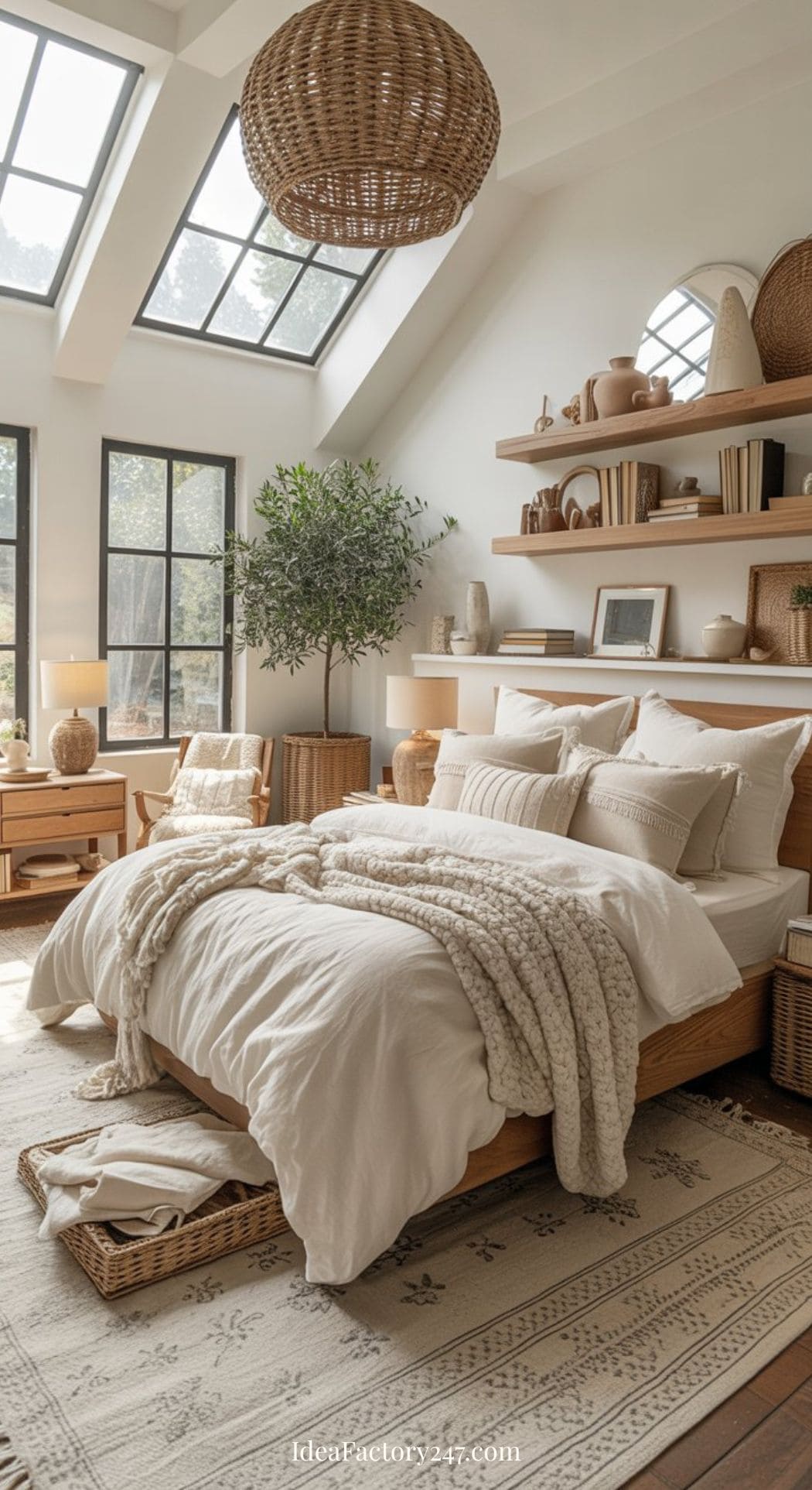 A cozy neutral boho bedroom with large windows and a skylight, featuring a wooden bed with white linens, knit throw, woven baskets, potted plant, and natural decor. Abundant sunlight and soothing tones create a relaxing ambiance.