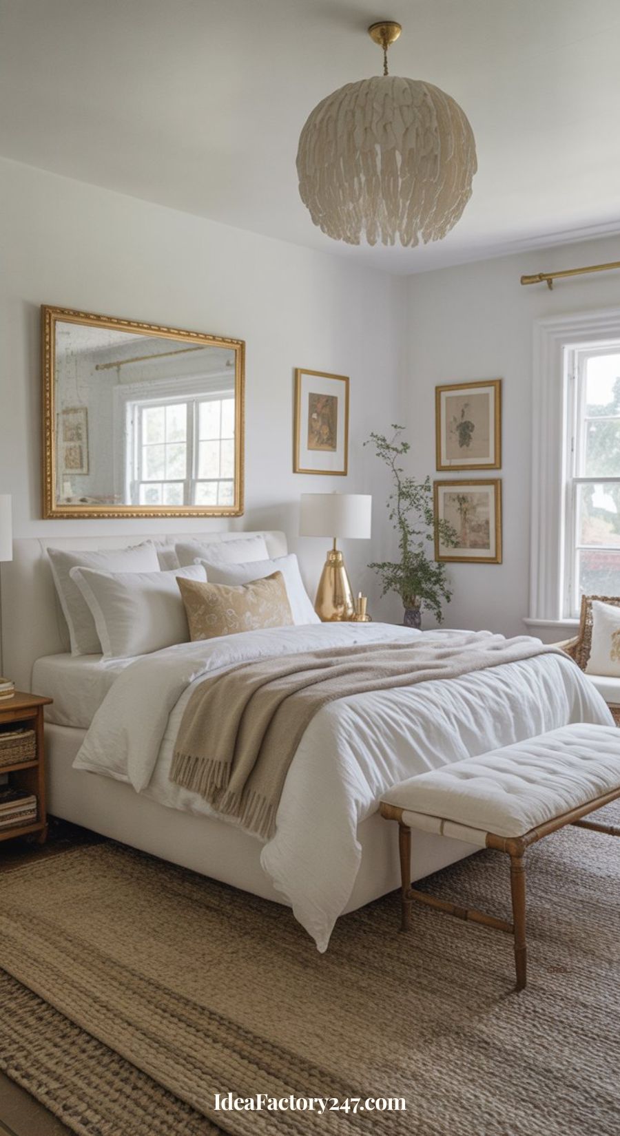 A cozy, modern bedroom with a white bed, beige and gold accents, a large mirror above the headboard, framed art on the walls, a woven bench at the foot of the bed, and a stylish pendant light overhead.