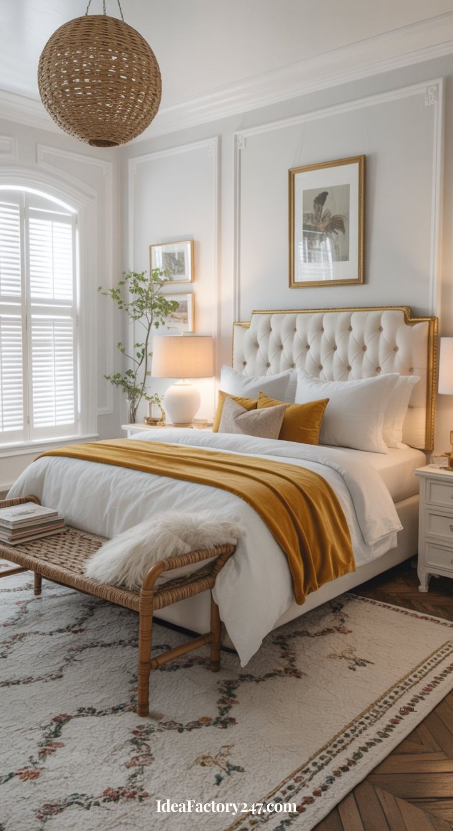 A cozy, elegant bedroom with a tufted bed, white bedding accented by mustard yellow pillows and throw. A woven bench sits at the foot, a plant and lamps on bedside tables, and natural light streams through shuttered windows.