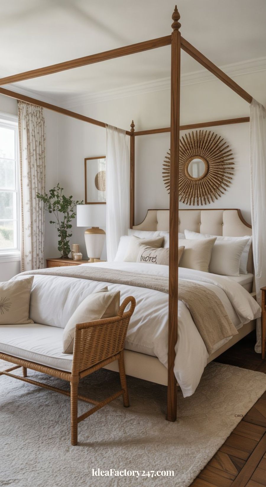 A cozy bedroom with a wooden four-poster bed, neutral bedding, a sunburst mirror on the wall, a woven bench at the foot of the bed, and natural light streaming in from a window with light curtains.