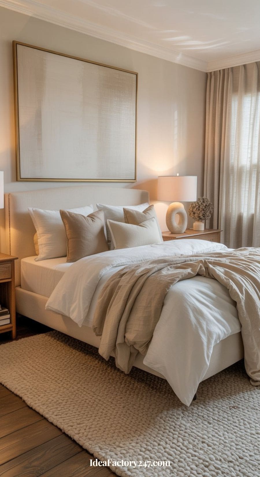 A cozy, modern bedroom with a neatly made bed featuring white and beige bedding, soft pillows, wooden nightstands with lamps, a large abstract artwork above the bed, and natural light coming through sheer curtains.