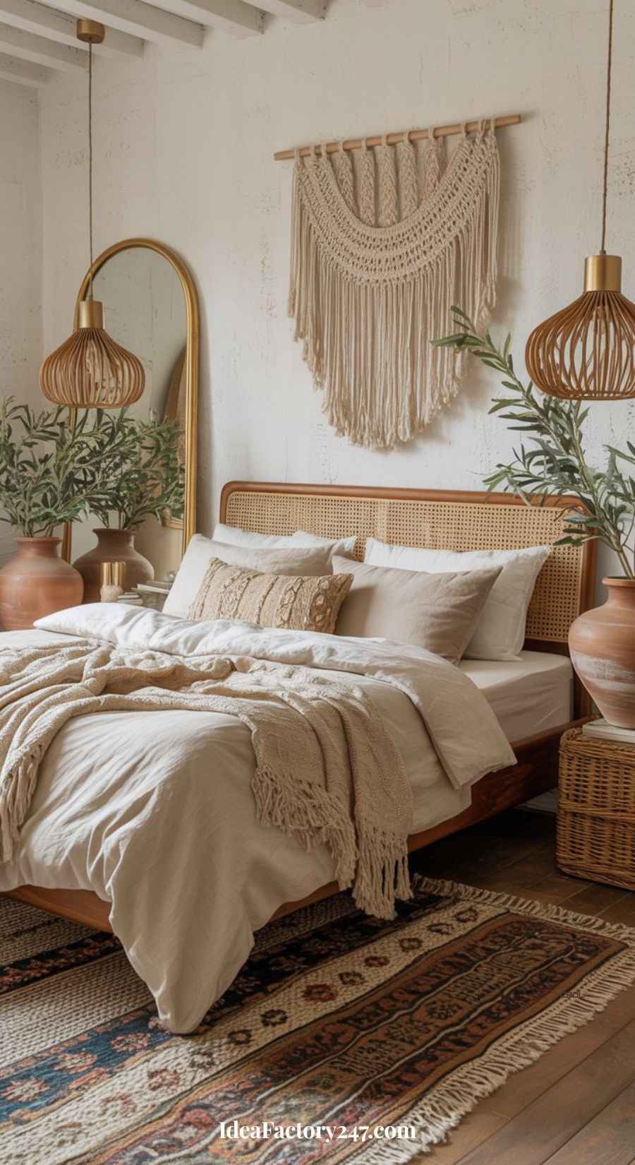 A cozy bedroom with neutral bedding, a cane bed frame, woven pendant lights, a large mirror, potted plants, a boho wall hanging, and a patterned rug on a wooden floor.