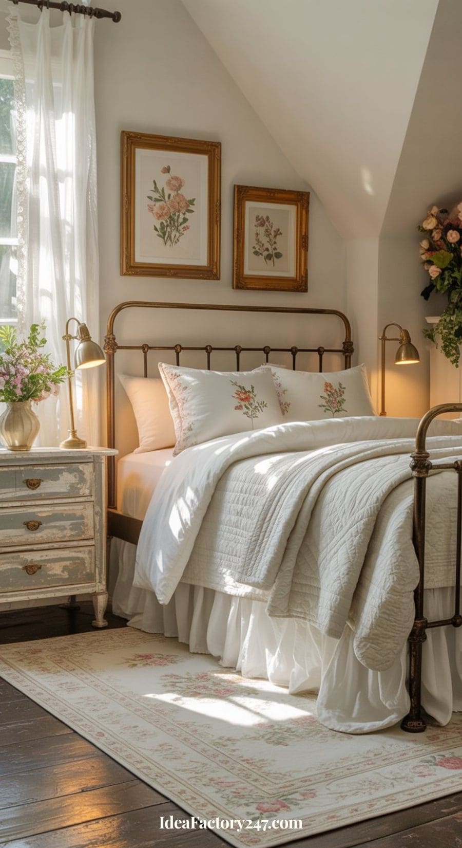 A cozy bedroom with a vintage brass bed, white bedding with floral patterns, two gold lamps, floral wall art, a distressed nightstand, and sunlight streaming through sheer curtains.