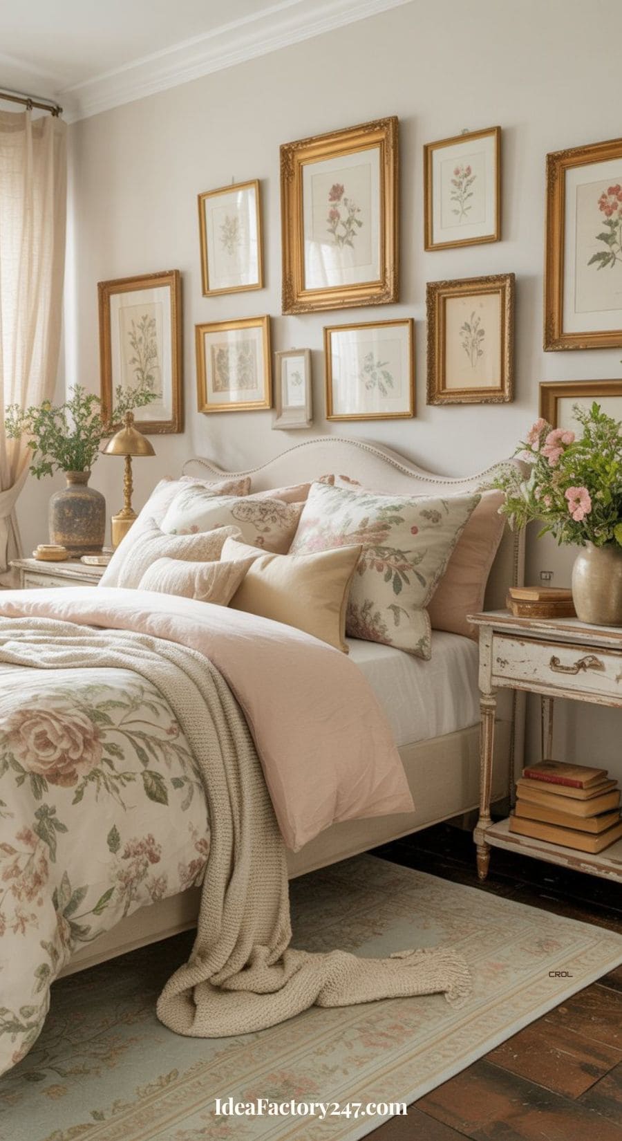 A cozy bedroom with a floral-patterned bedspread and pillows, a beige throw blanket, vintage nightstand with flowers in a vase, and framed botanical prints on the wall above the bed. Warm, natural light fills the room.