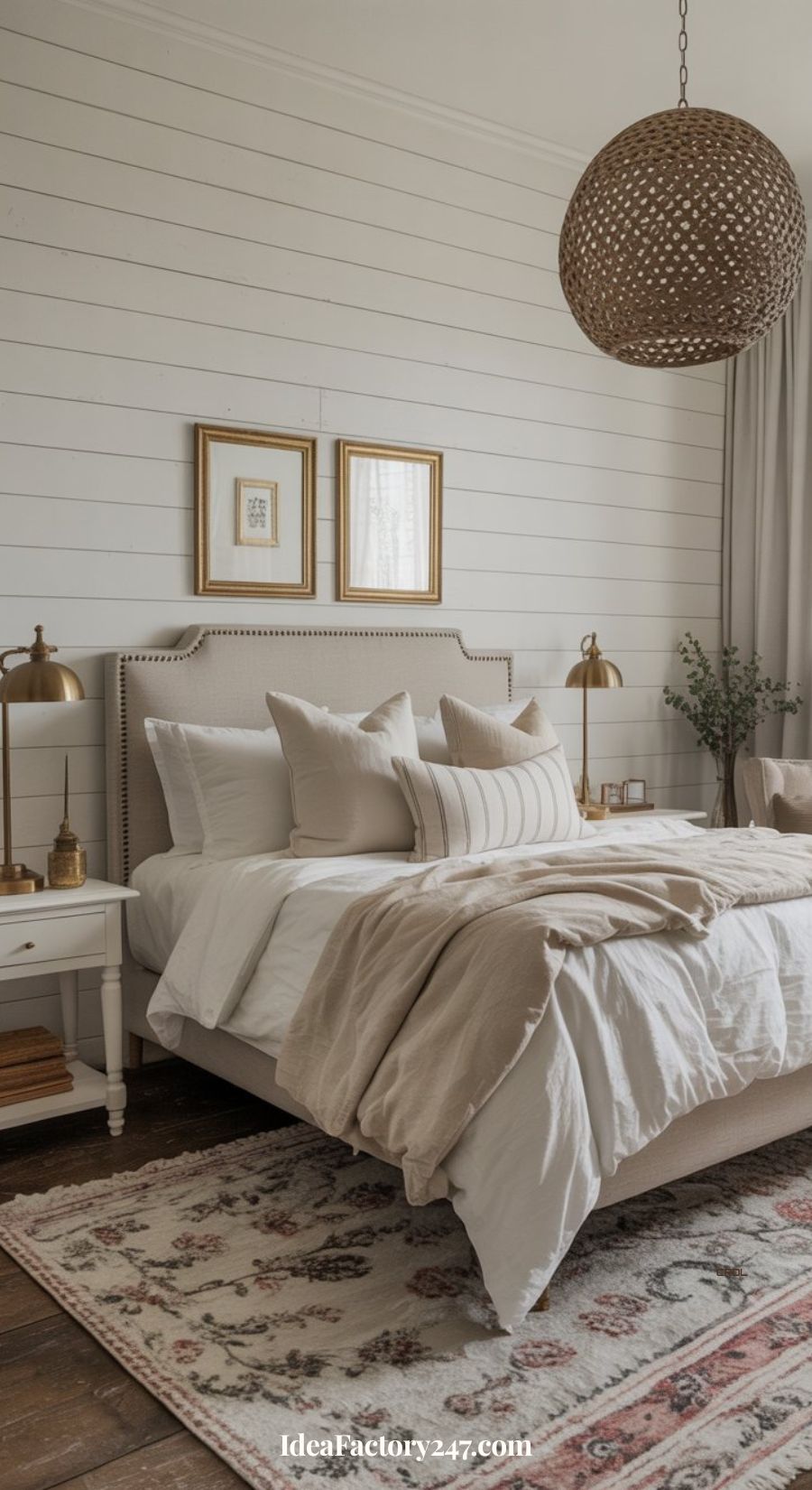 A cozy bedroom with a beige upholstered bed, neutral bedding, two white nightstands with brass lamps, framed art above the bed, a woven pendant light, and a patterned rug on the floor.