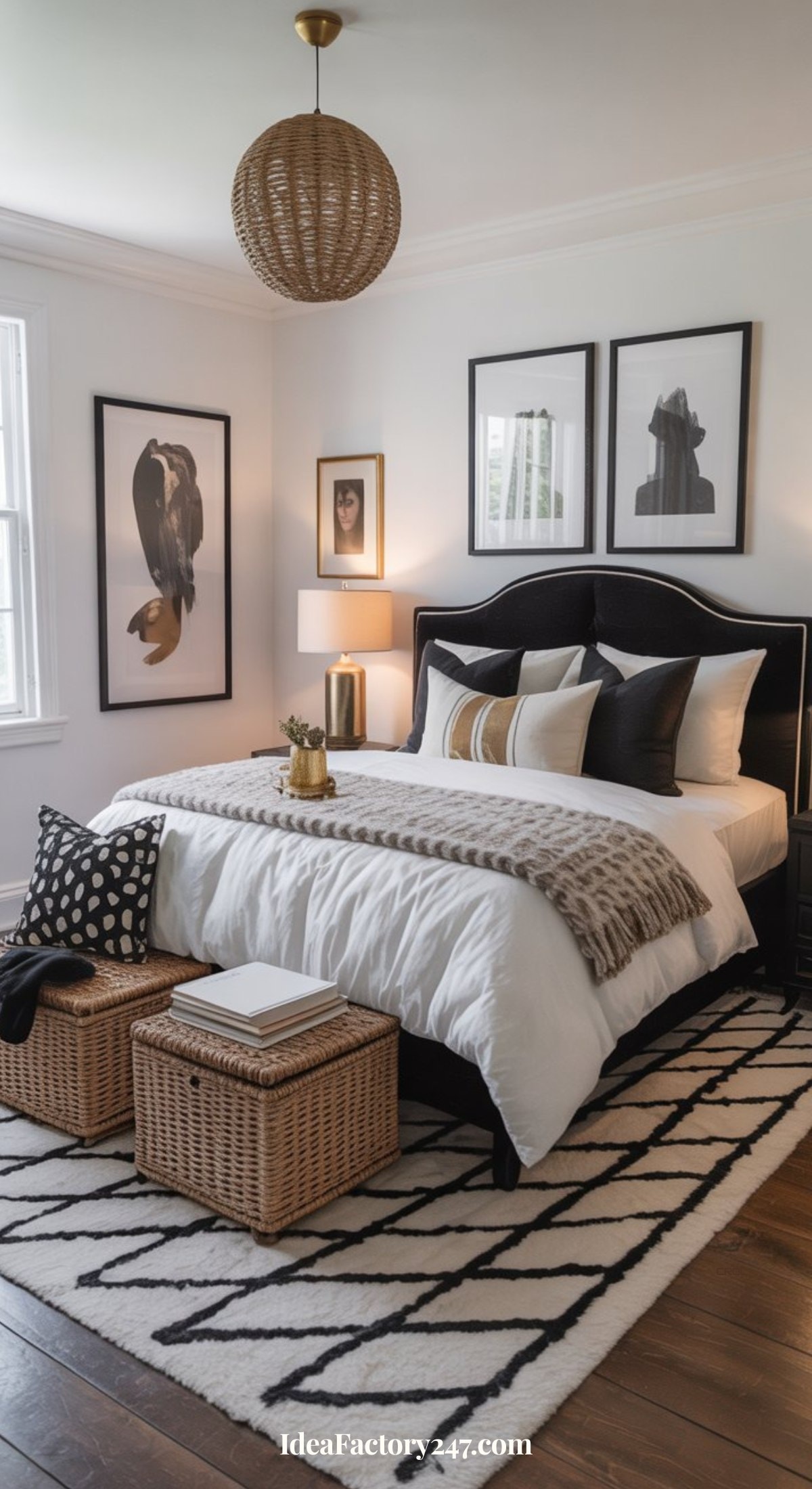 A modern black and white bedroom idea featuring a black bed frame, crisp white bedding with patterned pillows and a beige throw. Artworks hang above, wicker baskets at the foot, and a geometric rug completes the cozy, well-lit space.