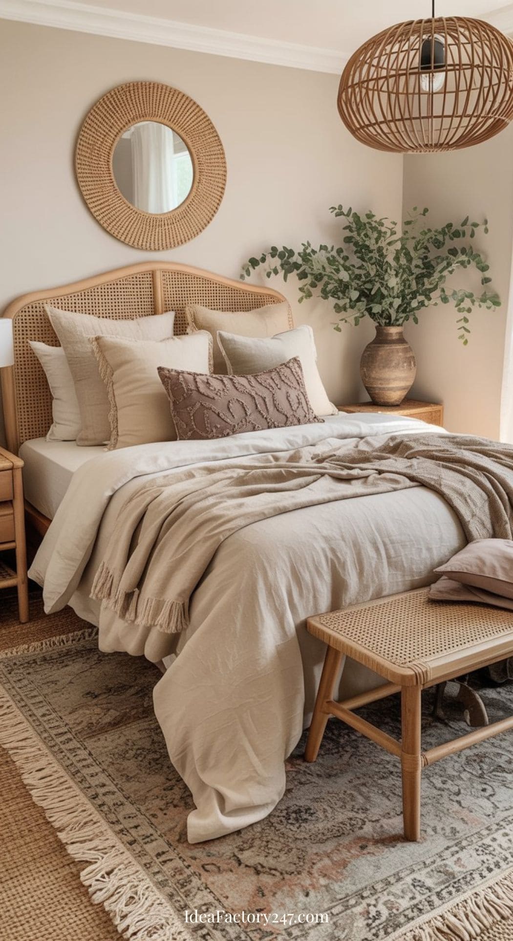 A cozy, neutral boho bedroom with a rattan headboard, soft bedding, a woven bench, and a large leafy plant on a wooden nightstand. A round mirror and wicker wall decor hang above the bed, enhancing the earthy, relaxed vibe.