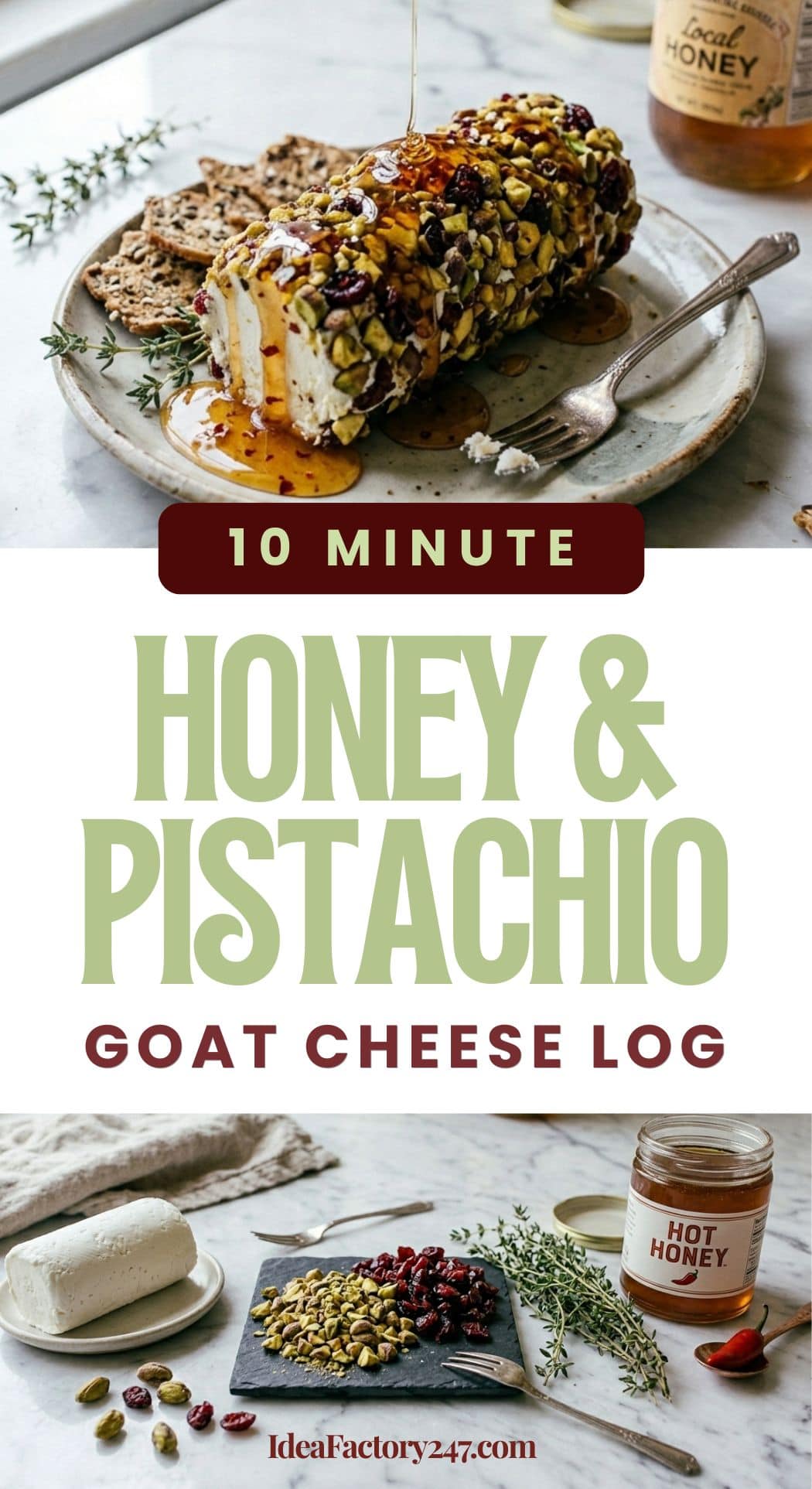 A Honey & Pistachio Goat Cheese Log is served on a plate with crackers and a drizzle of honey. Below, the ingredients—goat cheese, pistachios, honey, cranberries, and herbs—are artfully arranged on a table.