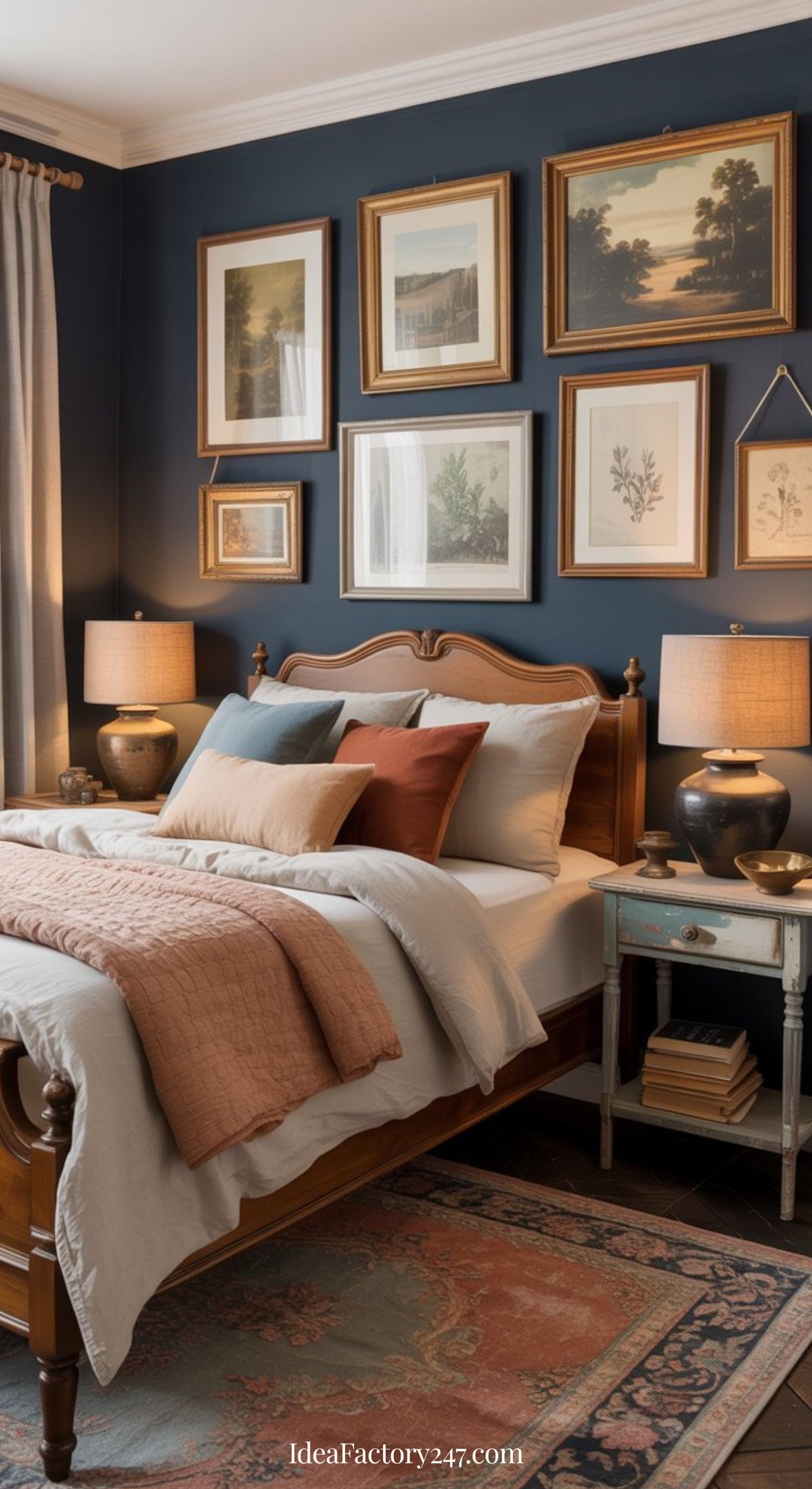 A cozy blue and terracotta bedroom features a wooden bed, neutral bedding, and peach accents. Two bedside tables with lamps flank the bed, while a navy wall gallery and patterned rug add warmth and character to the inviting space.