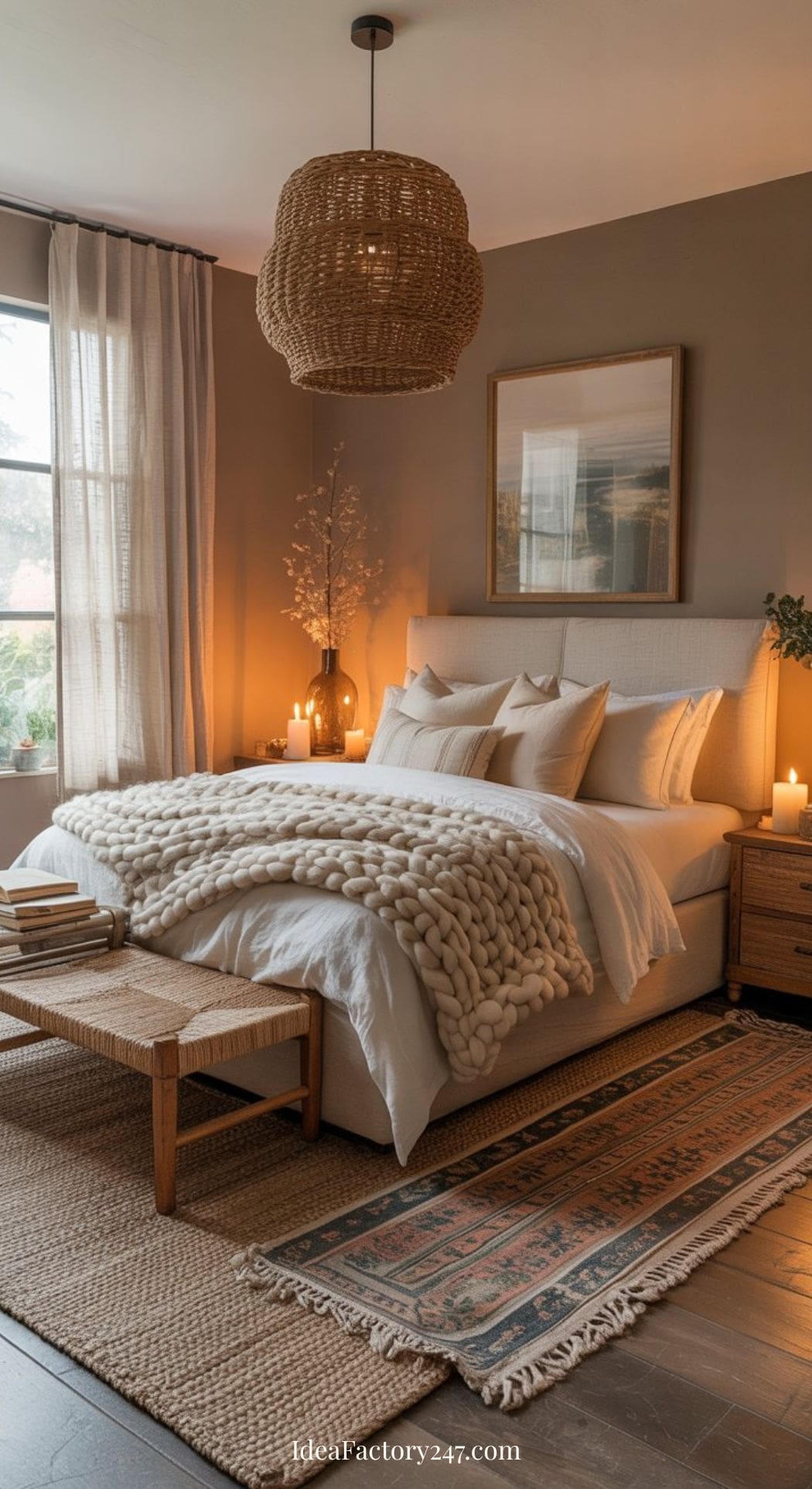 A cozy neutral boho bedroom with a soft color palette, featuring a bed with chunky knit blanket, bedside tables with lit candles, a woven pendant light, large window with curtains, and layered rugs on a wooden floor.