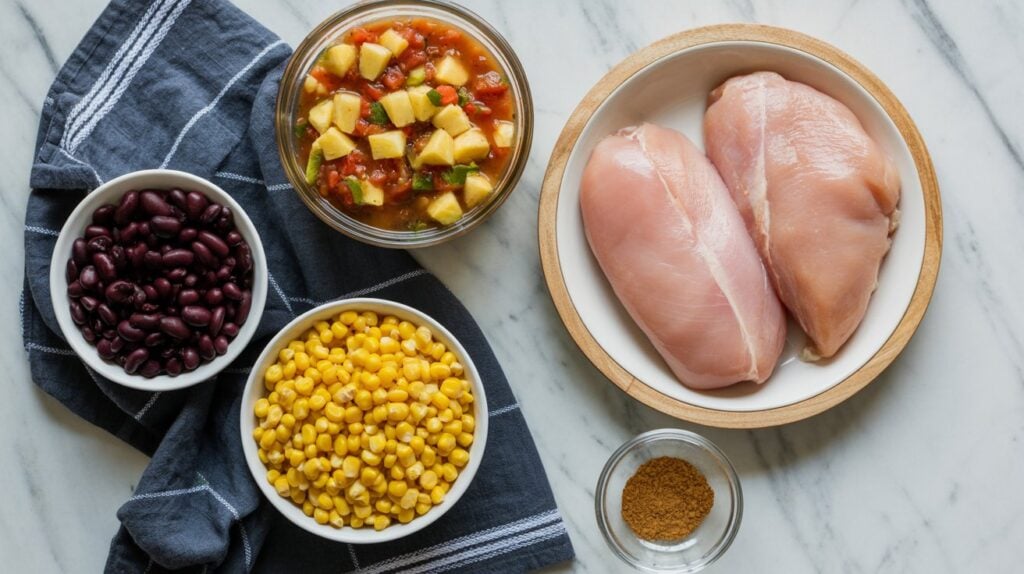 A marble surface with two raw chicken breasts on a plate, bowls of black beans, corn, salsa with diced vegetables, a small bowl of seasoning, and a folded dark striped cloth napkin.