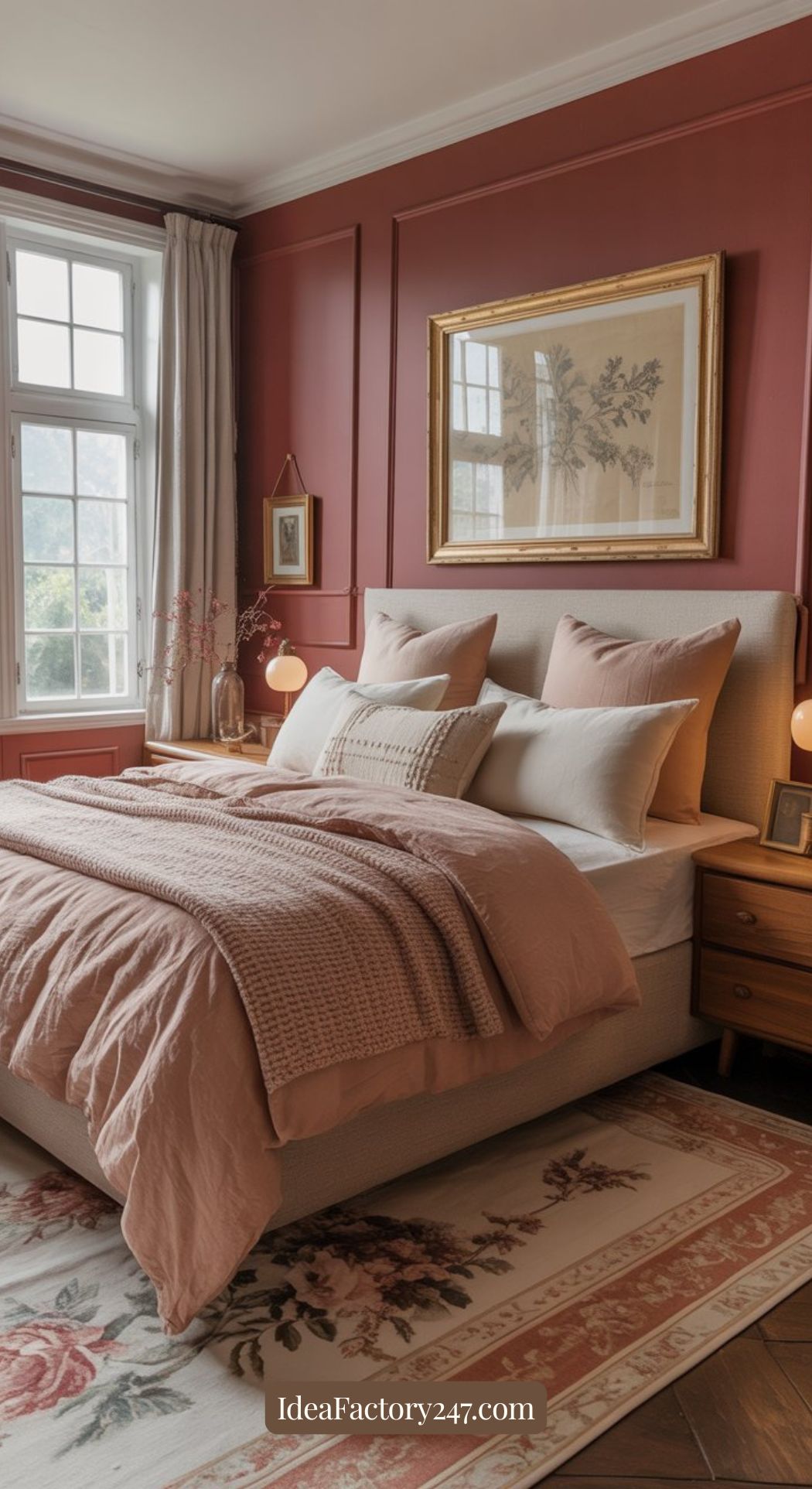 A cozy bedroom with a blush pink bed, soft linens, wooden nightstands with round lamps, floral rug, and framed art on a muted red accent wall. Large windows let in natural light.