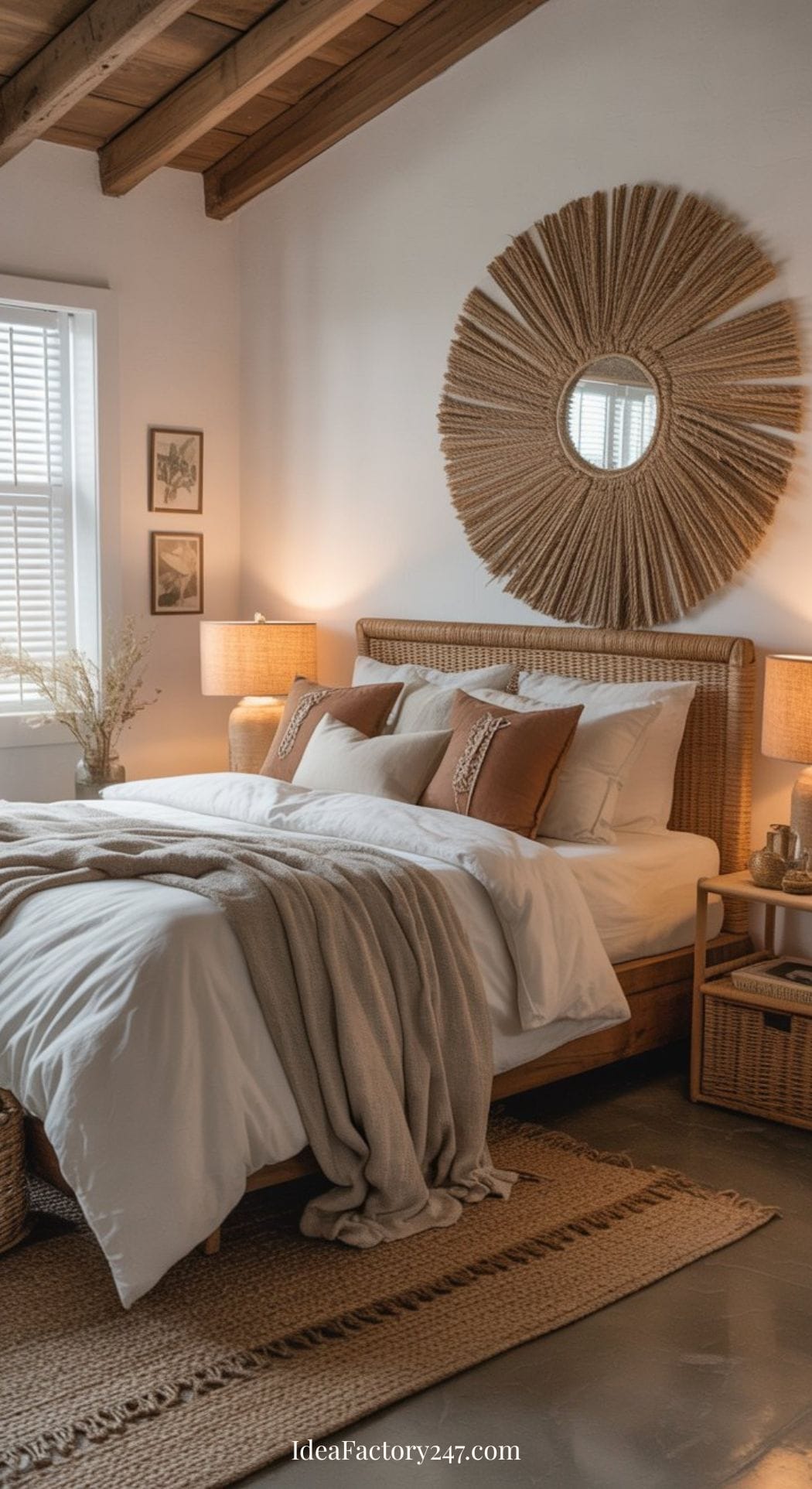 A cozy neutral boho bedroom with a woven bed frame, neutral bedding, brown accent pillows, a sunburst mirror above the bed, wicker nightstands, and warm lighting creates a rustic and inviting atmosphere.