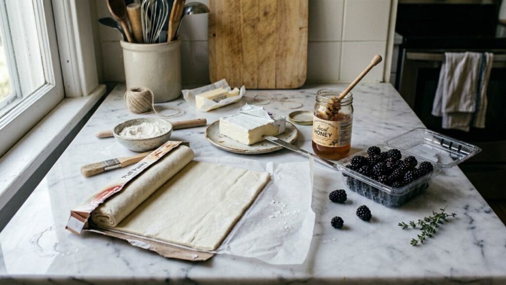 A marble kitchen counter with baking ingredients: rolled-out puff pastry for Brie Puff Pastries, flour, butter, a jar of honey with a spoon, blackberries, fresh thyme, utensils in a crock, a wooden cutting board, and kitchen twine.