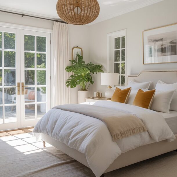 Bright, modern bedroom with a large bed, white bedding, gold accent pillows, and beige throw. Sunlight streams in through glass doors, highlighting plants, cozy armchair, and minimalistic decor on white walls and nightstands.