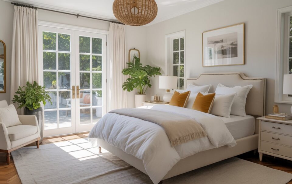 Bright, modern bedroom with a large bed, white bedding, gold accent pillows, and beige throw. Sunlight streams in through glass doors, highlighting plants, cozy armchair, and minimalistic decor on white walls and nightstands.
