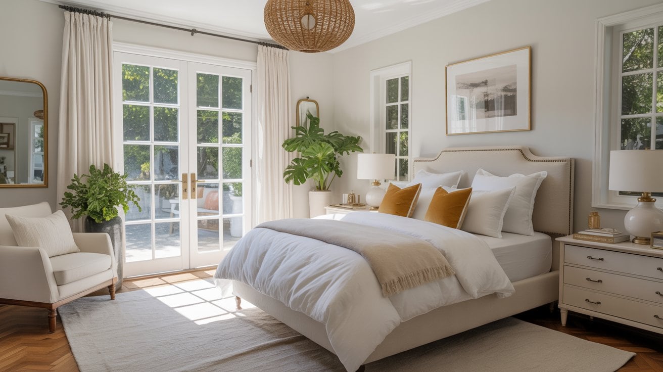 Bright, modern bedroom with a large bed, white bedding, gold accent pillows, and beige throw. Sunlight streams in through glass doors, highlighting plants, cozy armchair, and minimalistic decor on white walls and nightstands.