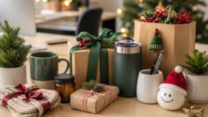 A festive desk decorated with christmas gifts for coworkers—wrapped presents, mugs, a tumbler, small potted plants, and holiday ornaments like a rock painted with a smiling face and Santa hat—with a Christmas tree blurred in the background.