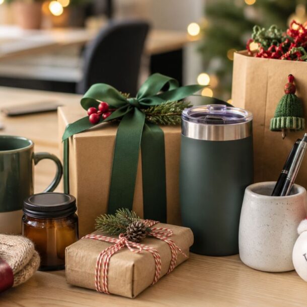 A festive desk decorated with christmas gifts for coworkers—wrapped presents, mugs, a tumbler, small potted plants, and holiday ornaments like a rock painted with a smiling face and Santa hat—with a Christmas tree blurred in the background.