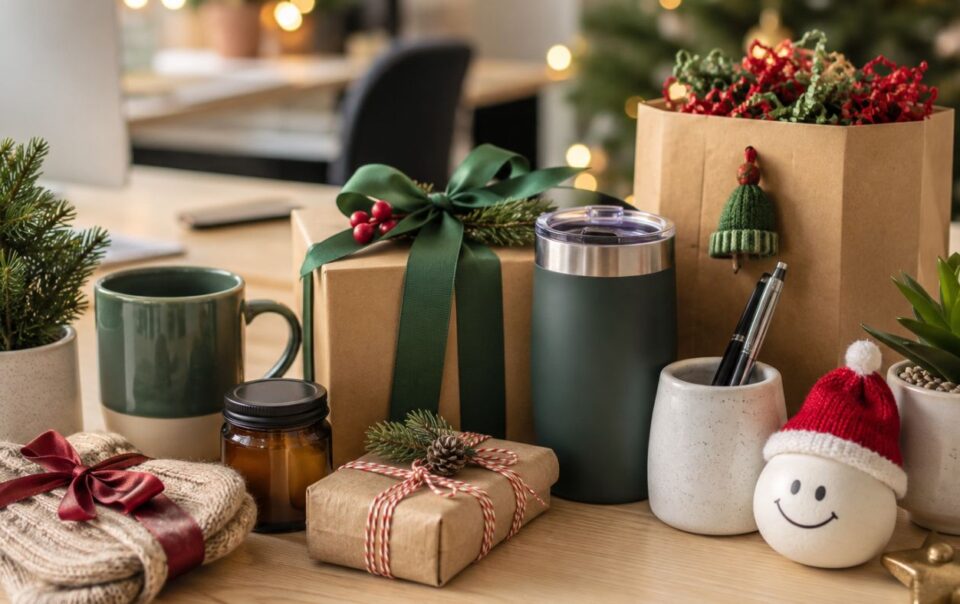 A festive desk decorated with christmas gifts for coworkers—wrapped presents, mugs, a tumbler, small potted plants, and holiday ornaments like a rock painted with a smiling face and Santa hat—with a Christmas tree blurred in the background.