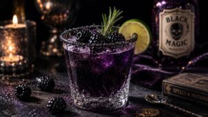 A glass of vibrant purple cocktail with ice, blackberries, a lime slice, and a rosemary sprig garnish; surrounded by candles, a Black Magic bottle, scattered blackberries, and a Spells & Potions book.