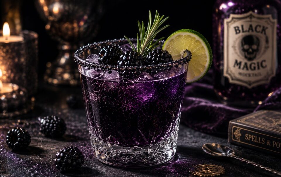 A glass of vibrant purple cocktail with ice, blackberries, a lime slice, and a rosemary sprig garnish; surrounded by candles, a Black Magic bottle, scattered blackberries, and a Spells & Potions book.