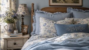 A cozy blue cottagecore bedroom with a wooden bed, blue and white floral bedding, matching pillows, and a blue embroidered cushion. A rustic nightstand holds a floral lamp, fresh flowers in a vase, books, and framed photos.