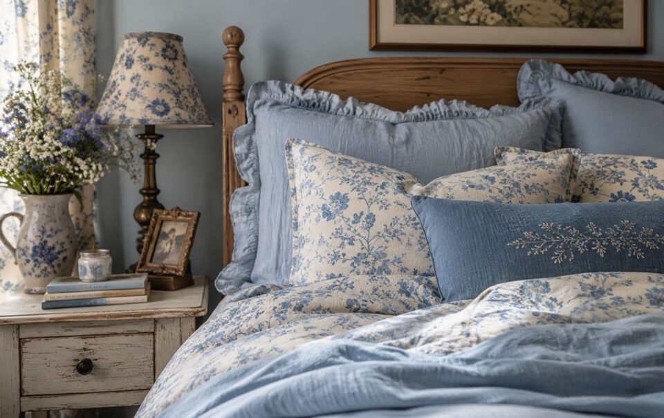 A cozy blue cottagecore bedroom with a wooden bed, blue and white floral bedding, matching pillows, and a blue embroidered cushion. A rustic nightstand holds a floral lamp, fresh flowers in a vase, books, and framed photos.