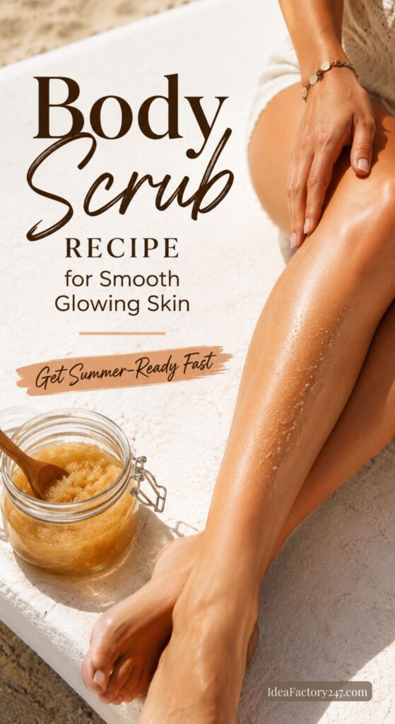 A person applies body scrub to their legs next to a jar of scrub on a white surface. Text reads: Body Scrub Recipe for Smooth Glowing Skin. Get Summer-Ready Fast.