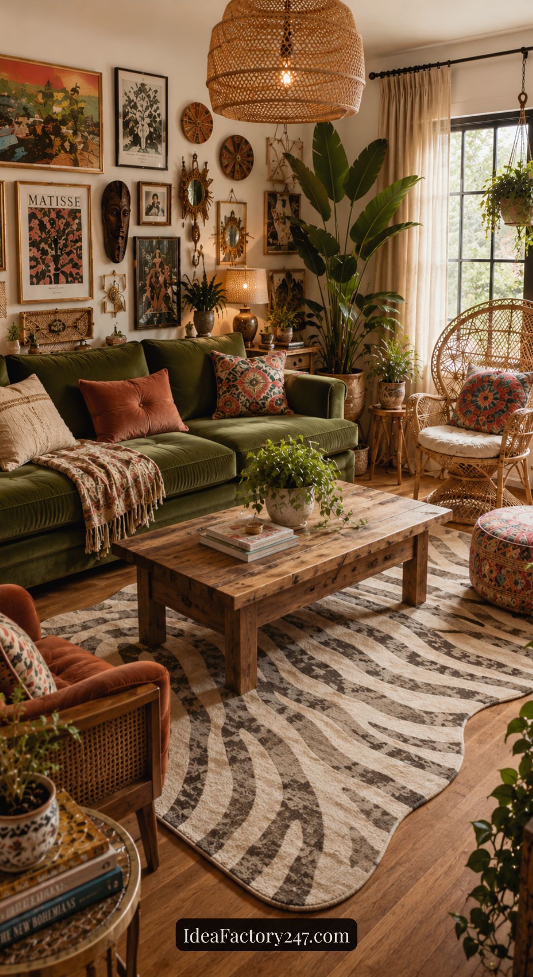 A cozy living room with a green velvet sofa, patterned pillows, wooden coffee table, lush plants, woven chairs, and eclectic wall art. Sunlight streams through large windows, highlighting a zebra-print rug on the floor.