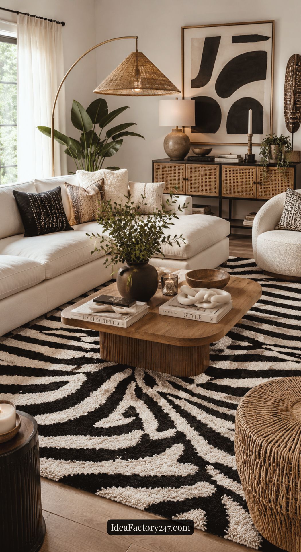 A modern living room with a white sectional sofa, patterned black and white rug, wooden coffee table with decor, large indoor plant, neutral accents, and natural light streaming through a window with white curtains.