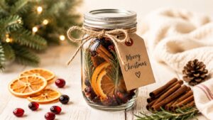 A mason jar filled with dried orange slices, cranberries, cinnamon sticks, and rosemary, tied with twine and a “Merry Christmas” tag. Nearby are more cranberries, orange slices, cinnamon, pinecones, and a Christmas tree branch.