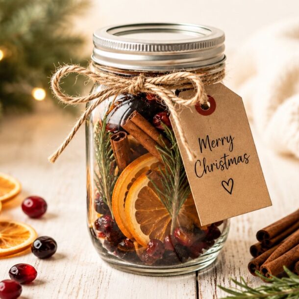 A mason jar filled with dried orange slices, cranberries, cinnamon sticks, and rosemary, tied with twine and a “Merry Christmas” tag. Nearby are more cranberries, orange slices, cinnamon, pinecones, and a Christmas tree branch.