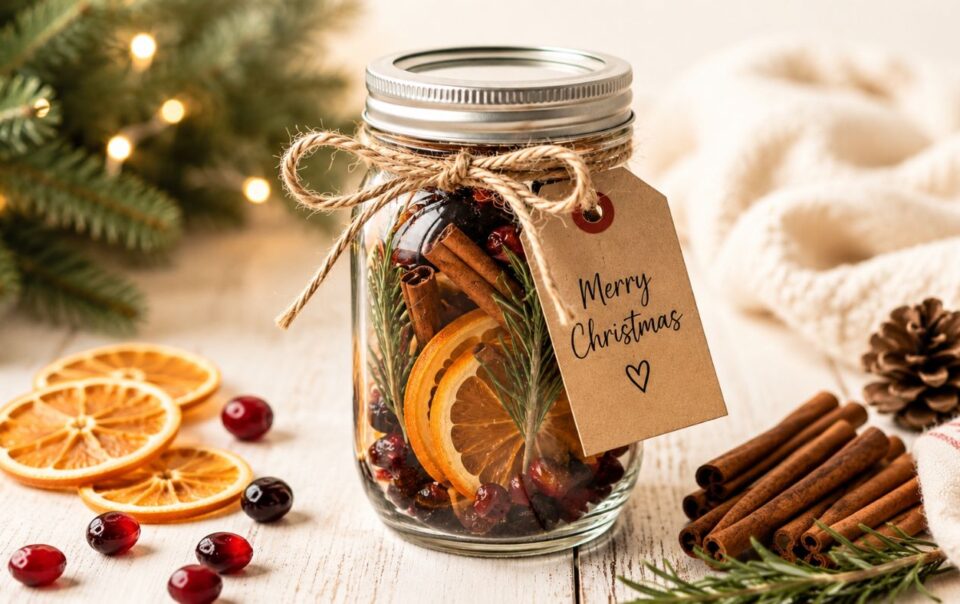 A mason jar filled with dried orange slices, cranberries, cinnamon sticks, and rosemary, tied with twine and a “Merry Christmas” tag. Nearby are more cranberries, orange slices, cinnamon, pinecones, and a Christmas tree branch.