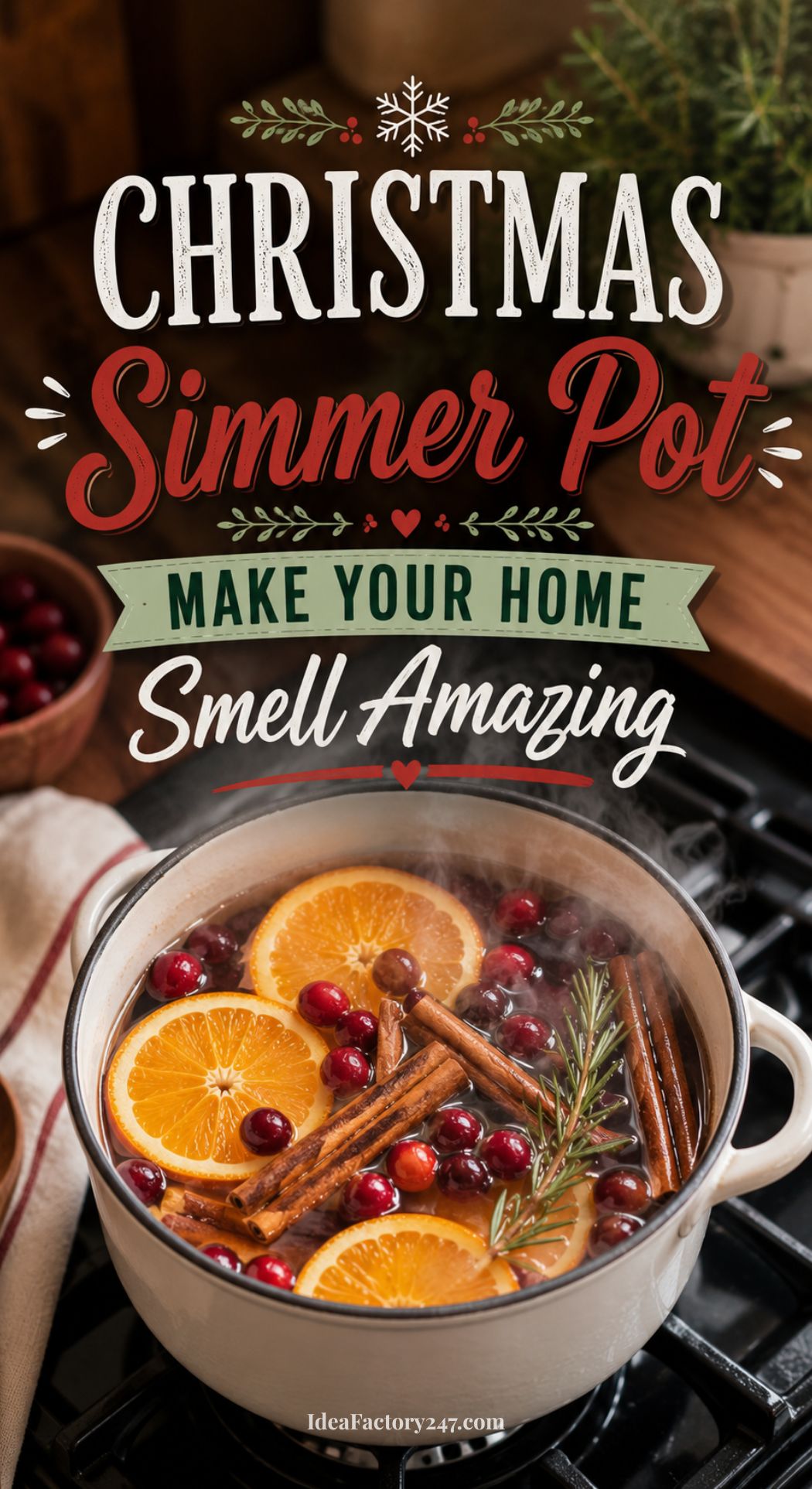 A pot on a stove filled with simmering water, orange slices, cranberries, cinnamon sticks, and rosemary. Text reads: Christmas Simmer Pot. Make your home smell amazing. Decorative holiday design.