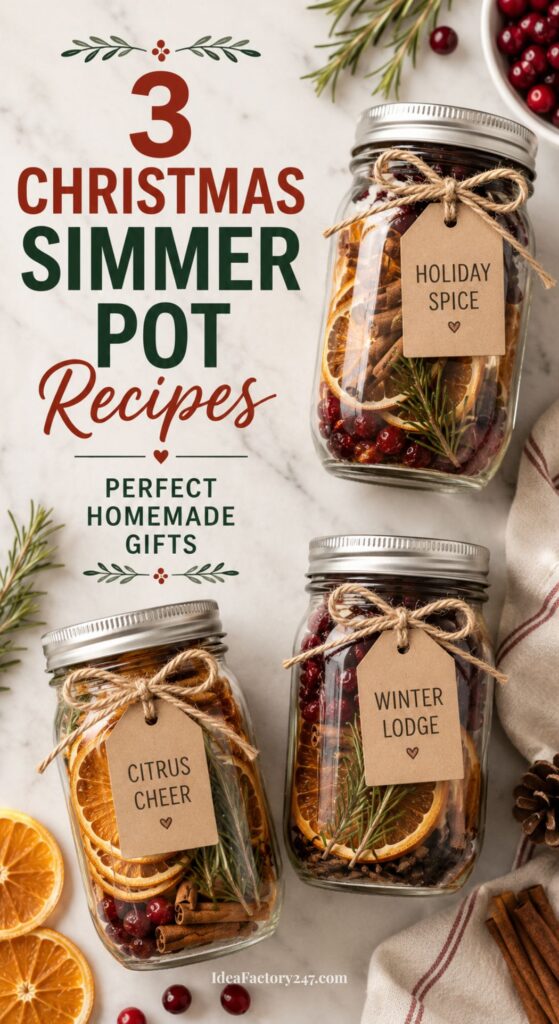 Three mason jars filled with dried oranges, cranberries, cinnamon sticks, and rosemary, each labeled as Holiday Spice, Citrus Cheer, and Winter Lodge, displayed on a marble surface with Christmas decor.