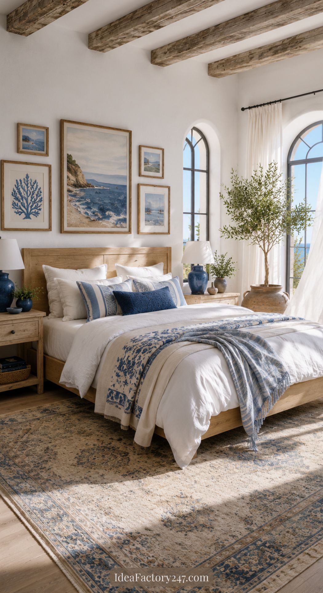 A bright, airy space inspired by Mediterranean bedroom ideas, featuring wooden beams, a large bed with white and blue bedding, nautical wall art, blue lamps, potted plants, and sunlight streaming through arched windows.