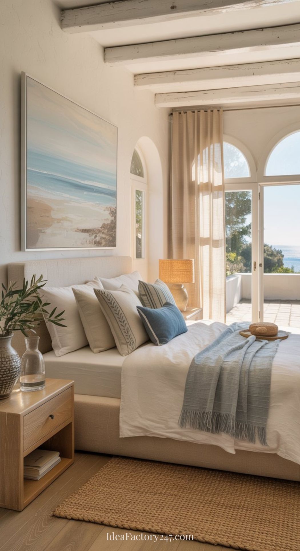 A cozy sunlit bedroom with white walls, a bed dressed in white and blue linens, a bedside table with a glass vase, and large arched windows opening to a terrace with a view of the sea—perfect for Mediterranean bedroom ideas.