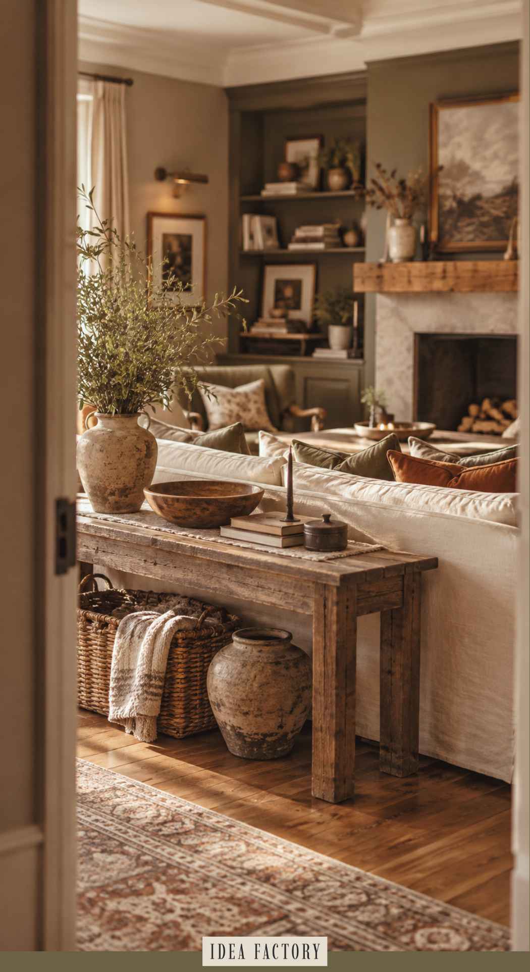 A rustic wooden console table sits behind a cream-colored sofa in an earthy living room, with a decorative vase, wooden bowl, and books on top and woven baskets underneath.