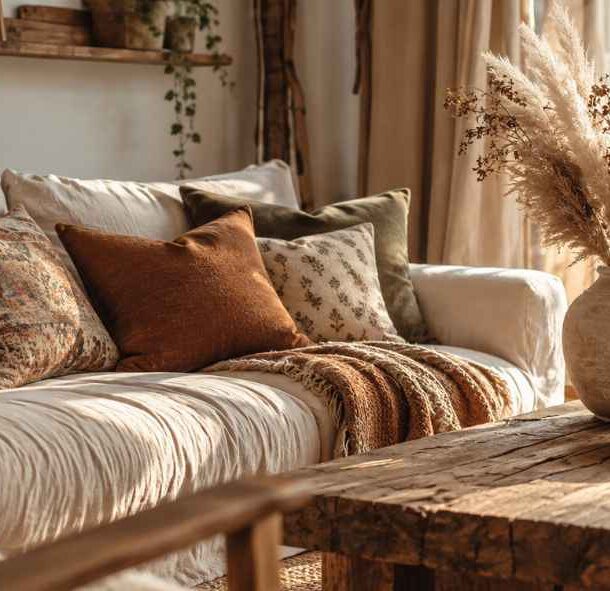 A beige sofa with assorted textured pillows sits in an earthy living room next to a rustic wooden coffee table topped with a vase of dried pampas grass.