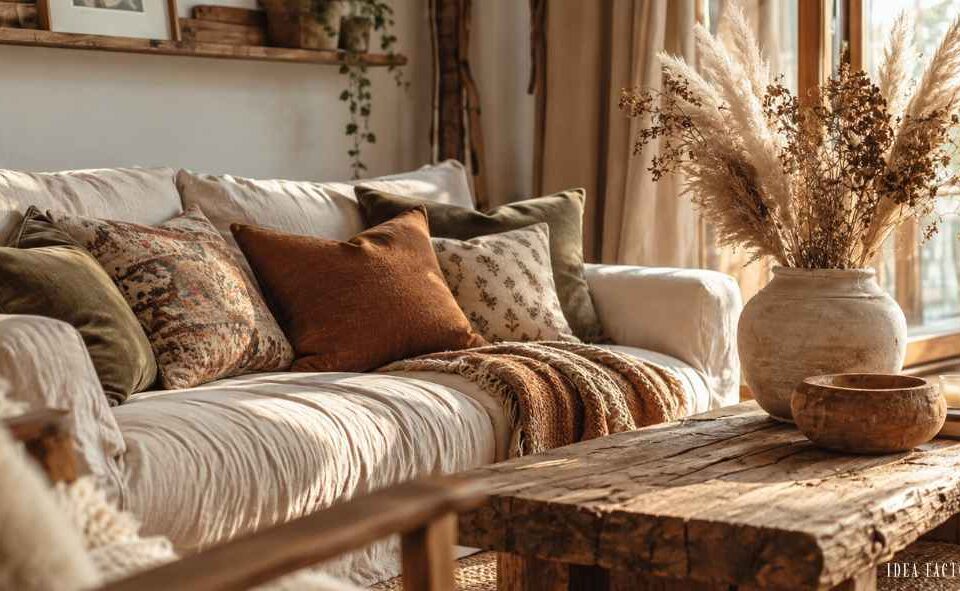 A beige sofa with assorted textured pillows sits in an earthy living room next to a rustic wooden coffee table topped with a vase of dried pampas grass.