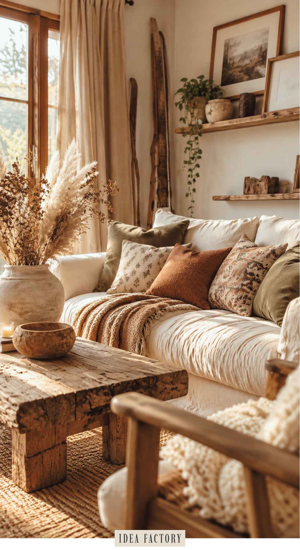 A cream-colored sofa with assorted throw pillows and a knit blanket in an earthy, sunlit living room featuring a rustic wooden coffee table and a vase of dried pampas grass.