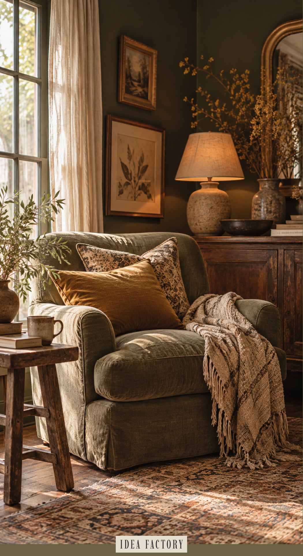 An olive green armchair with a gold throw pillow and a patterned blanket in an earthy living room, complete with a lamp and side table.